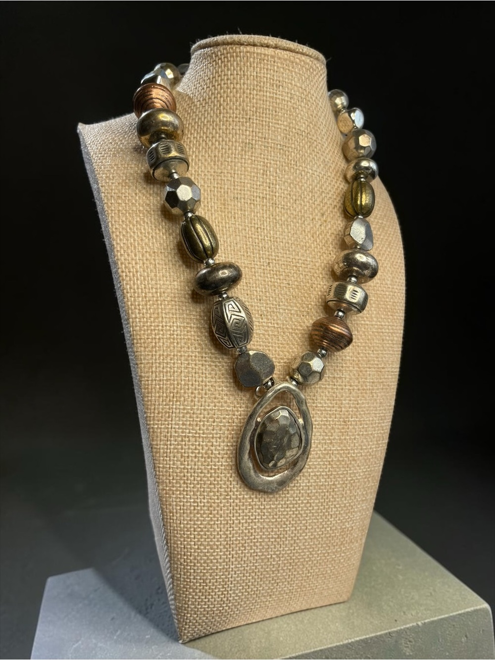 Vintage Chico’s Mixed Metal Beaded Sculptural Teardrop Statement Necklace